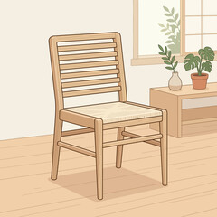 Fototapeta premium Minimalist wooden chair with slatted backrest in a simple room setting.