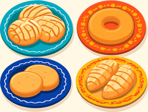 An assortment of traditional Mexican sweet breads and pastries served on colorful decorative plates, showcasing various baked goods.