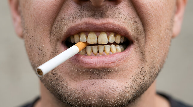 Close up of man mouth holding cigarette showing yellow stained teeth from smoking