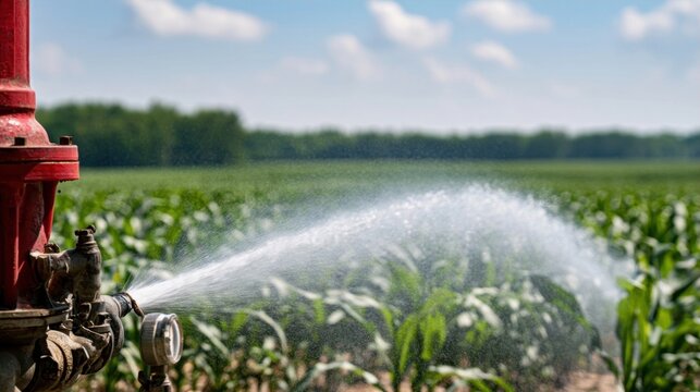 Agricultural field irrigation pump watering green crops under blue sky