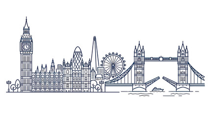 Fototapeta premium London Skyline Silhouette: Iconic Landmarks in Blue Outline - Big Ben, Gherkin, London Eye, Tower Bridge