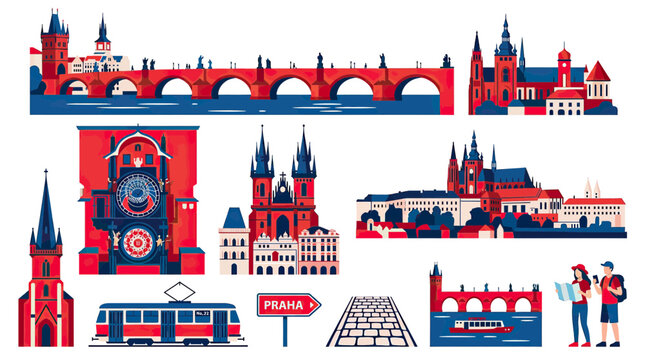 Prague Cityscape Panorama: Iconic Landmarks, Charles Bridge, Tram, Astronomical Clock