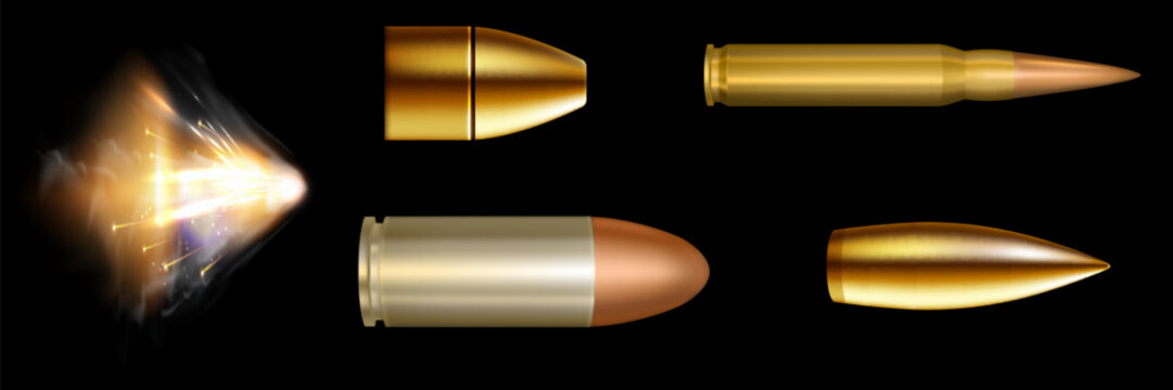 Gunshots, bullet in motion, military smoke trails. Realistic flying bullet in motion. Smoke traces isolated on transparent background. Handgun shoot trails.