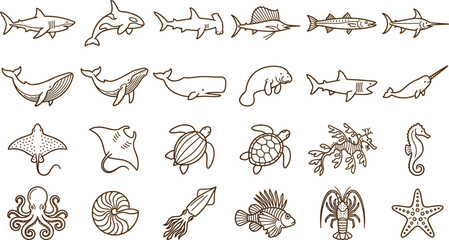 Marine Sea Life Line Art Icon Collection Featuring Shark Whale Dolphin Turtle Octopus Lobster Seahorse and Ocean Wildlife Outline Illustrations © MstSuborna