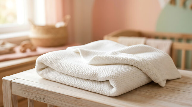Folded white knitted baby blanket on wooden table in nursery room newborn bedding soft texture textile comfort home interior