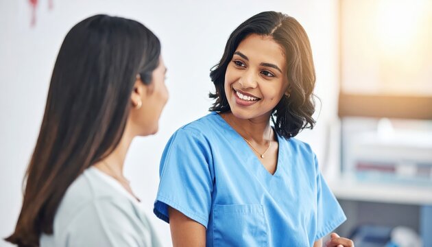 Smiling doctor in blue scrubs discusses health with a patient