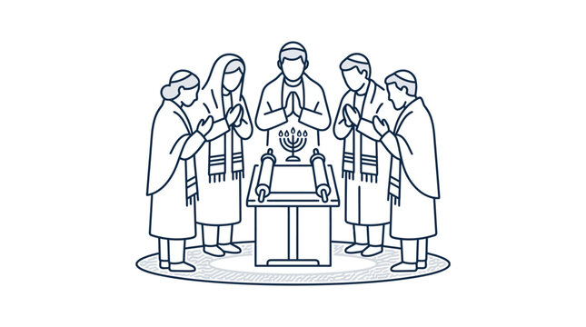 A group of Jewish people praying together around a Torah scroll.