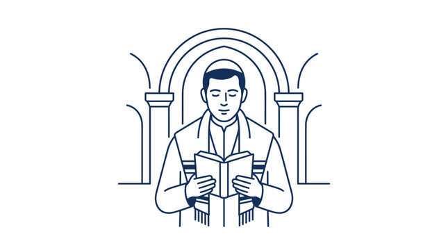 A young Jewish man wearing a tallit and kippah reading from a prayer book.