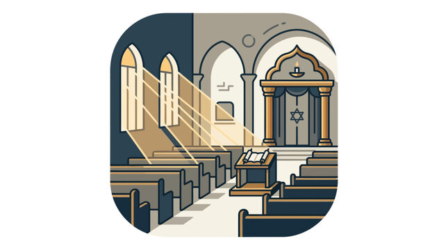 Interior view of a synagogue featuring pews and a central bimah with an ark.