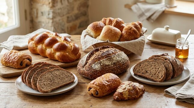 Variety of freshly baked bread assortment.