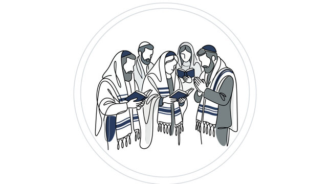 A group of Jewish men wearing tallit prayer shawls while praying together.
