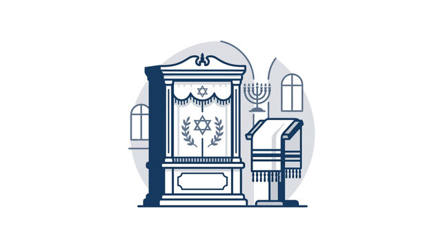 A stylized illustration of a Torah ark and a prayer shawl on a stand.
