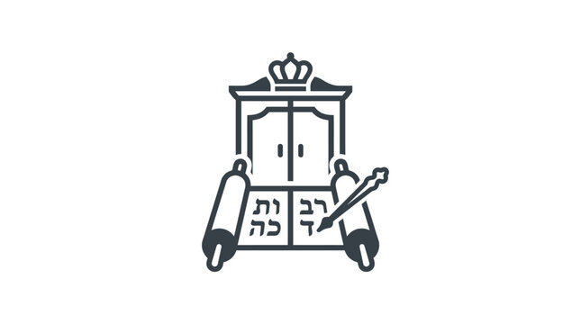 A minimalist black and white icon depicting a Torah scroll in front of an Aron Kodesh cabinet.