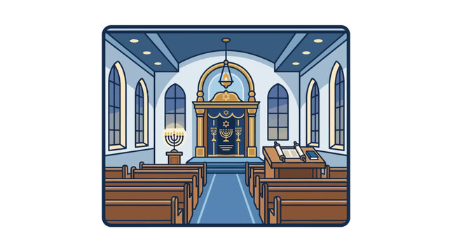 Interior view of a traditional synagogue featuring wooden pews and an ornate Torah ark.