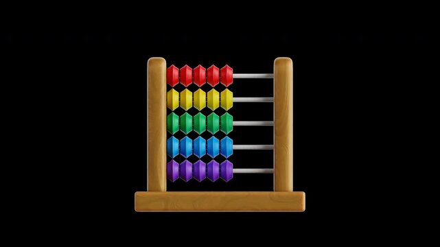 Colorful wooden abacus in a looping animation with sliding beads. 3D rendered in 4K on a transparent alpha background for classroom math education. Perfect for back to school learning concepts.
