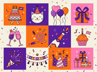 Fototapeta premium Colorful Birthday and Celebration Party Icon Set Vector Illustration