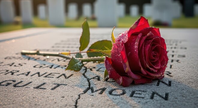 A Wilted Red Rose Lying on a Gravestone in a Cemetery