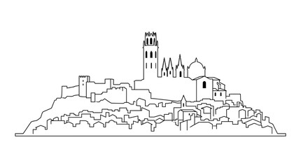 Obraz premium Medieval City Skyline Outline on Hill