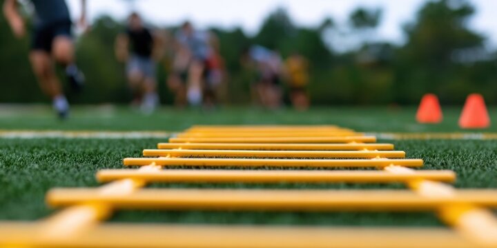 Athletes training on field with yellow agility ladder and cones