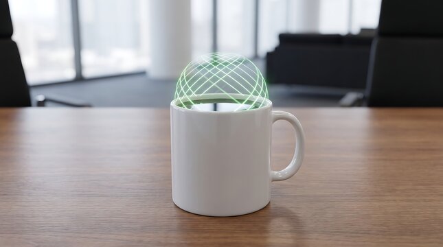 A white mug with a green dome on top sits on a wooden table indoors.
