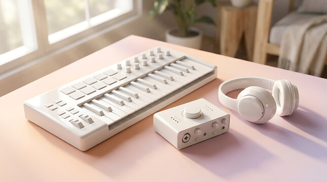white midi keyboard controller with audio interface and headphones for music production studio workstation setup