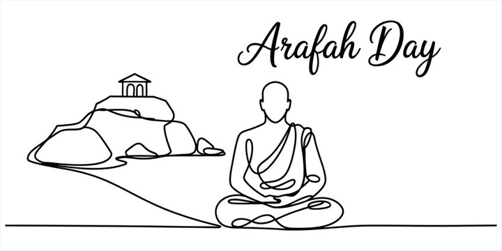 Arafah day continuous line drawing of a pilgrim sitting in prayer near the mount of mercy in mecca for islamic religious celebration and hajj event Vector, illustration