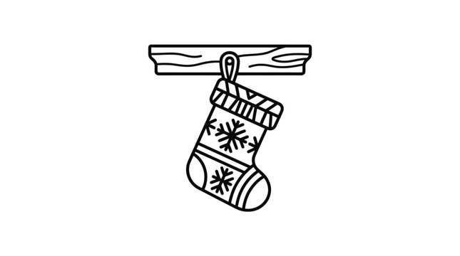 A simple black and white line art illustration of a decorative holiday stocking hanging on a shelf