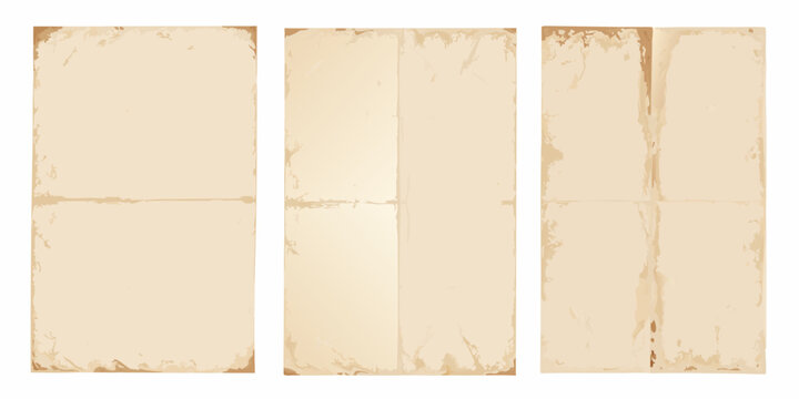 three vertical sheets of old folded beige paper on white background document parchment vintage antique texture grunge vector illustration graphic design