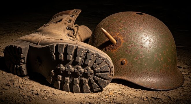 A Worn Military Boot and Battle-Scarred Helmet