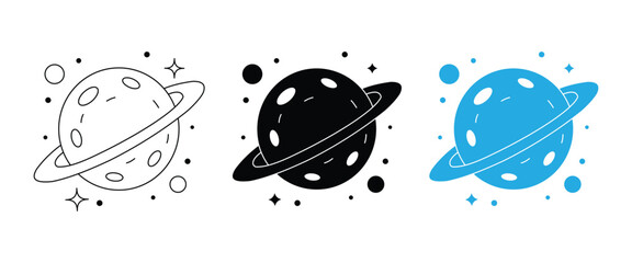 Saturn Planet Icon Set – Ringed Planet, Space Astronomy, Solar System, Cosmic Universe, Outline & Silhouette Vector Collection © Firoz Art Studio99