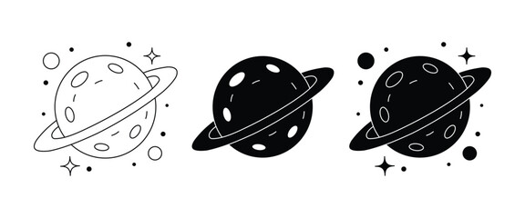 Saturn Planet Icon Set – Ringed Planet, Space Astronomy, Solar System, Cosmic Universe, Outline & Silhouette Vector Collection © Firoz Art Studio99