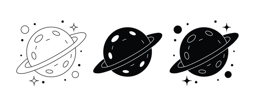 Saturn Planet Icon Set &ndash; Ringed Planet, Space Astronomy, Solar System, Cosmic Universe, Outline & Silhouette Vector Collection