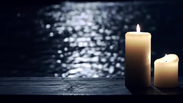 Two lit cream pillar candles of different heights burning on a dark wooden ledge at night with shimmering bokeh light reflections on dark water in the background.