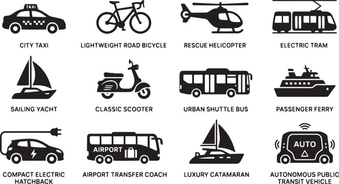 Adobe Stock SEO Title
Vector public transportation and urban vehicle icons set featuring city taxi electric tram helicopter bicycle and bus silhouettes isolated on white background