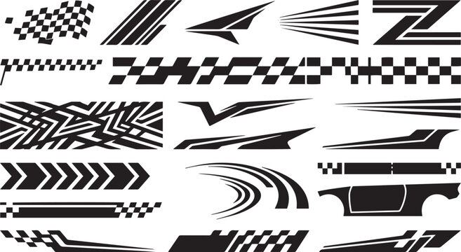 Racing stripe decals vector set for car tuning vinyl stickers collection with checkered flags speed graphics and geometric auto wrap body designs