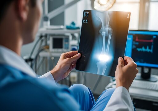 Doctor Analyzing Knee X-Ray Film in Radiology Room  