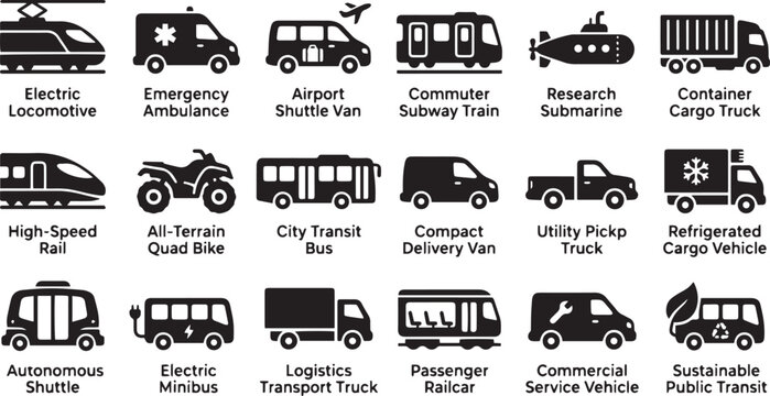 Transportation solid silhouette icons vector set featuring emergency ambulance public transit trains logistics cargo trucks commercial delivery vans and urban mobility symbols