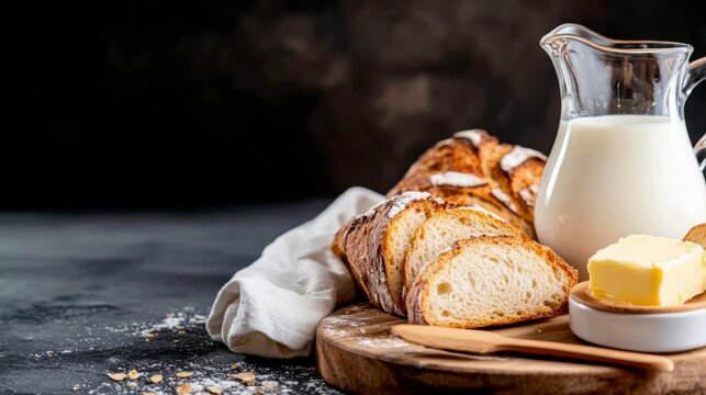 A rustic ceramic milk pitcher filled with fresh milk stands next to a crusty, golden-brown loaf of freshly baked bread on a wooden breadboard