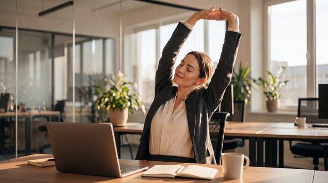 Businesswoman taking a break to stretch her arms above her head while sitting at her desk in a modern office, with a laptop and coffee cup nearby.