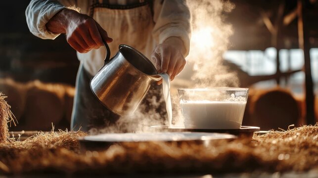 image telling the story of milk's journey from farm to table. A farmer's weathered hands are carefully pouring fresh, warm milk