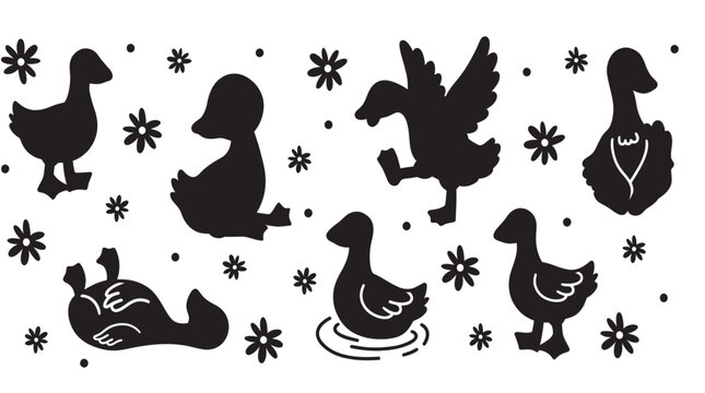 Black duck silhouettes, snowflakes, winter icons, quacking ducks, frozen pond graphics