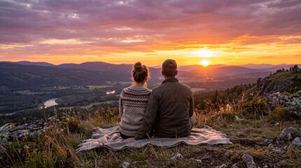 Naklejka premium Couple sitting on a hilltop watching the sunset over the mountains