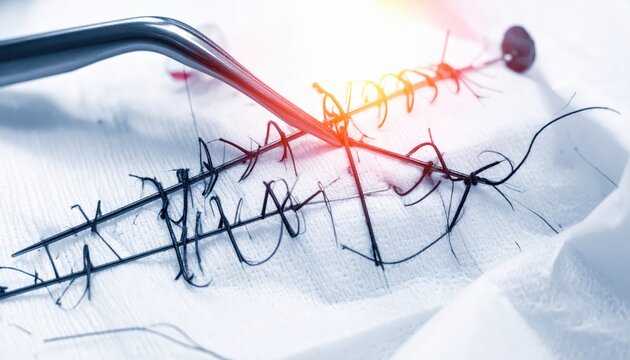 Surgical Sutures and Needle in Extreme Close-Up Detail on White Fabric