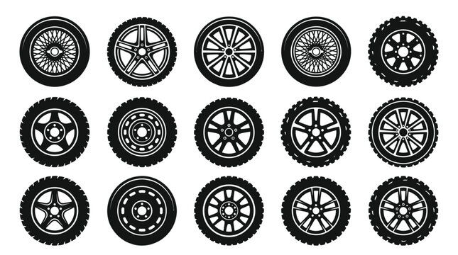 Fifteen distinct black and white vehicle tire designs showcasing various rim patterns and tread styles