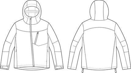 Men's Hooded Outdoor Jacket Technical Flat Sketch Front and Back View Waterproof Sportswear Vector Illustration © MdKowser