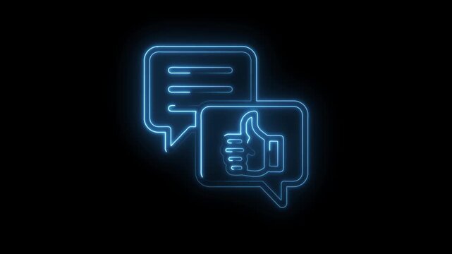 Neon blue glowing chat bubble icon with thumbs up symbol on black background social media