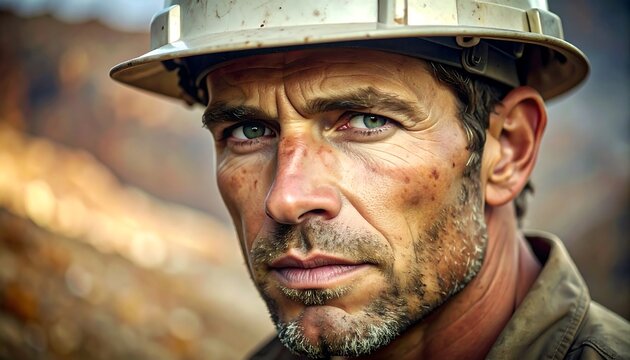 Close-up of a rugged man in a worn safety helmet, gaze fixed directly at the viewer, showing a detailed face