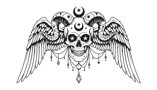 Imagine prompt: ornate skull with horns and wings illustration