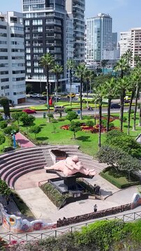 Love Park In Lima Capital City Of Peru. Landmark District. Coast Landscape. Highrise Buildings. Love Park In Lima Capital City Of Peru. Miraflores Landmark.