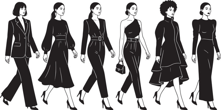 Stylish women walking in elegant black fashion outfits